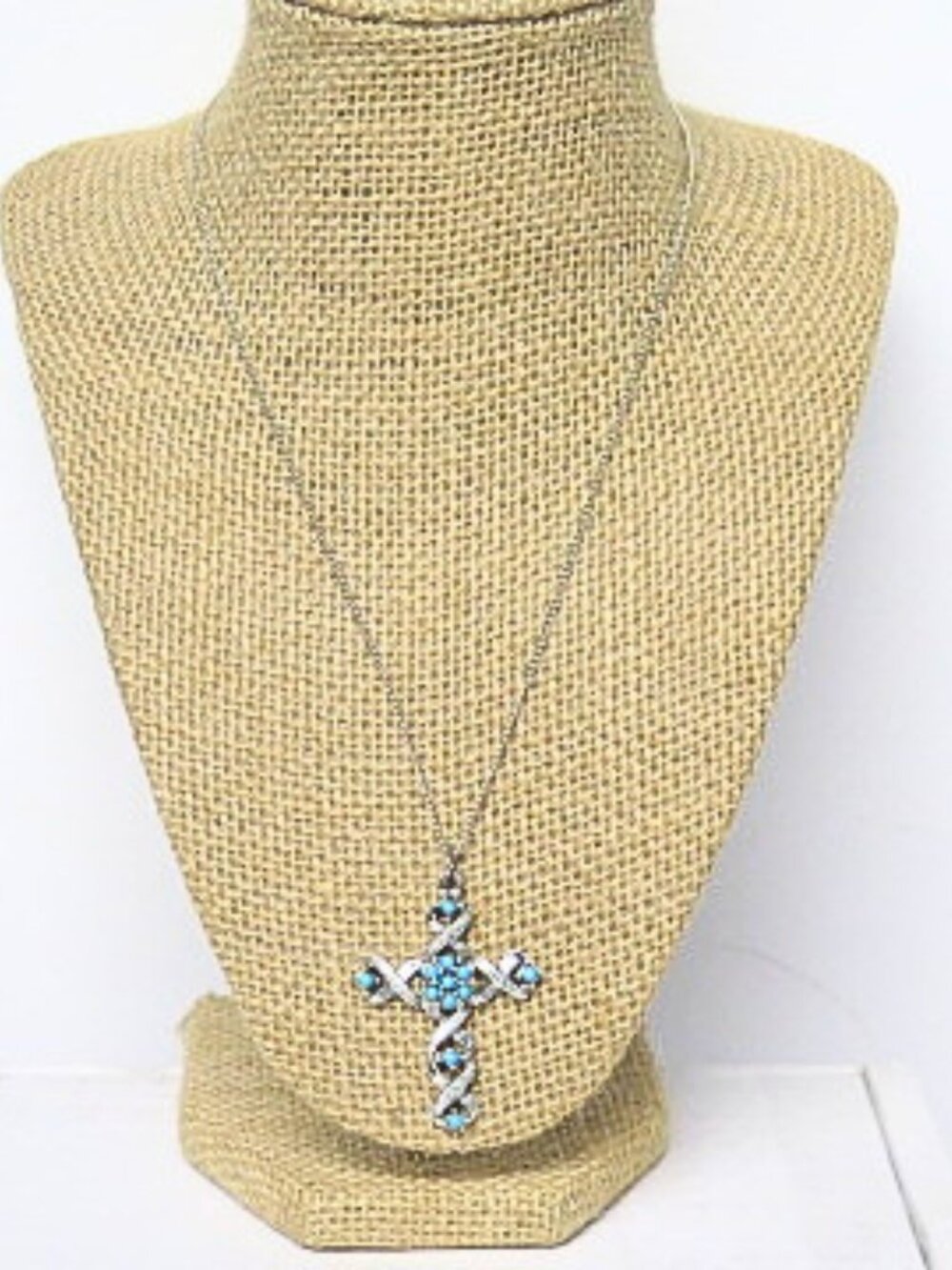 Vintage Silver Tone Turquoise Color Cross Pendant Necklace Southwestern Boho